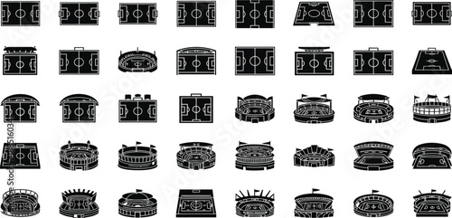 set of four different faces of different styles, Collection of various sports stadium icons and illustrations