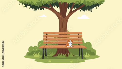 A small dog sits on a wooden park bench beneath a large tree on a sunny day