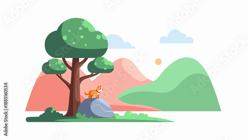 A small dog stands on a rock by a tree with rolling hills in the background
