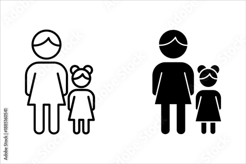 Two families with two adults and two children standing together in black and white line family