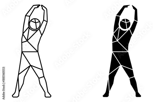 Two geometric human figures stretching with arms raised and segmented bodies in black and white