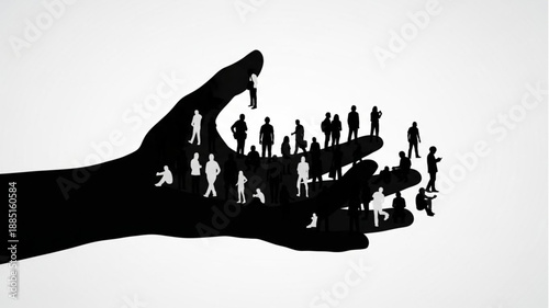 Silhouette Hand Holding Tiny People Crowd.