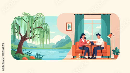 A serene lakeside view with a cozy indoor scene featuring a couple and pets