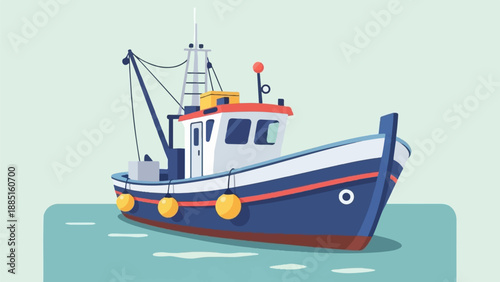 A stylized illustration of a blue and white fishing boat with yellow buoys