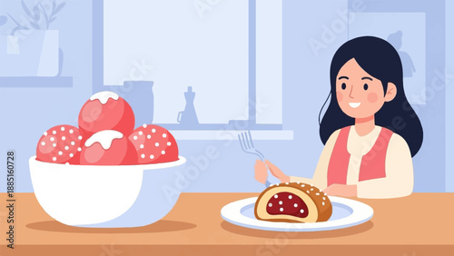 A smiling person with dark hair is about to eat a pastry with jam filling