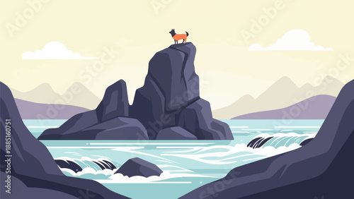 A stylized illustration of a dog standing on a rocky peak above rushing water