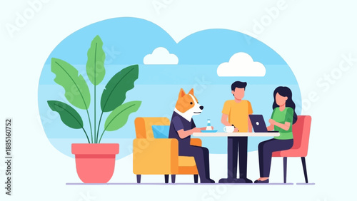 A stylized illustration of a dog and two people having a discussion at a cafe