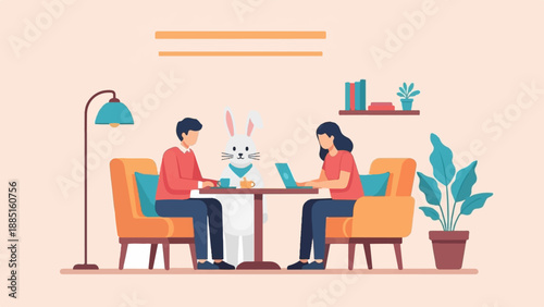 A rabbit, a man and woman sit at a table in chairs