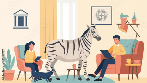 A quirky indoor scene with a zebra, cat, and people using technology