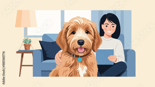 A smiling young woman sits on a couch holding a tablet, embracing her furry dog