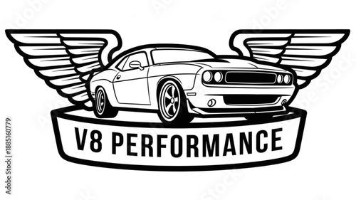 V8 Performance Emblem with Wings and Car.