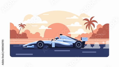 A race car speeds down a track at sunset with palm trees in the background