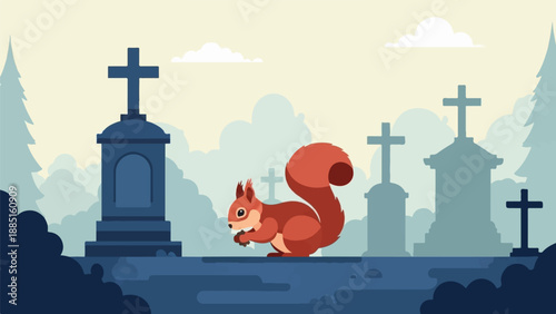 A solitary squirrel sits on a tombstone in a peaceful cemetery