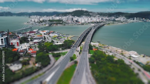Aerial hyperlapse of the city of Florianopols as seen from the continent from the city of Sao Jose. State of Santa Catarina, Brazil
