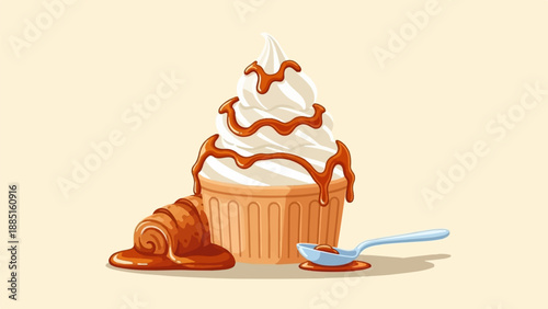 A pixel art illustration of a soft-serve ice cream cone with caramel sauce, a croissant, and a spoon