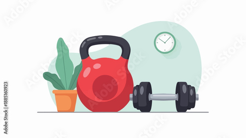 A red kettlebell and dumbbell with a plant and clock on wall