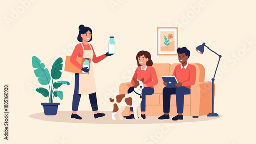 A person presents bottles to a family with a dog in a living room