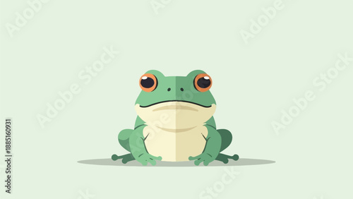 A simple, flat illustration of a green frog with large orange eyes