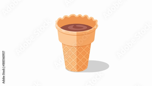 A solo chocolate ice cream cone with a waffle texture on a white background