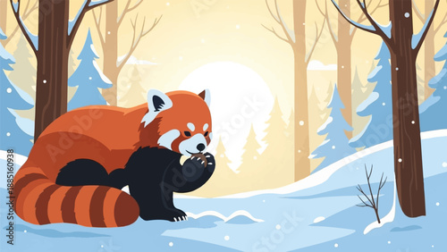 A red panda eats in a snowy forest during winter