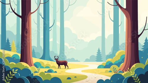 A solitary stag stands beside a winding path in a stylized forest with tall trees