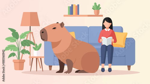 A person reads a book near a large capybara on a couch