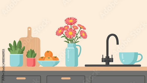 A simple, flat illustration of a kitchen counter with plants, fruit, and a sink