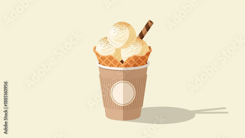 A pixel art serving of vanilla ice cream scoops in waffle cones and cup