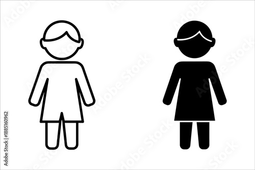 Two stylized women figures with different hair colors standing side by side black and white two women