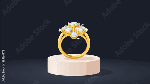 A sparkling golden ring with multiple clear gems sits on a display pedestal