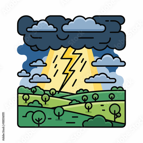 A cartoon landscape with a lightning storm