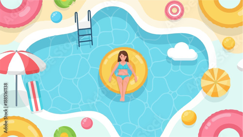 A person relaxes on an inflatable ring in a bright, sunny swimming pool