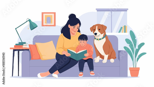A mother reads a book to her child while their dog sits nearby