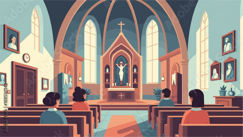 A pixelated depiction of a church interior with people attending service