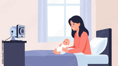 A mother sits on a bed holding her baby, while a monitor watches