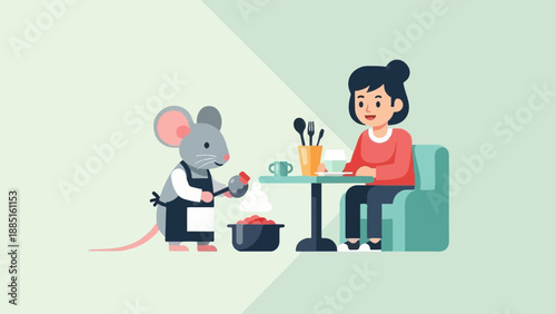 A mouse chef prepares food for a woman at a table