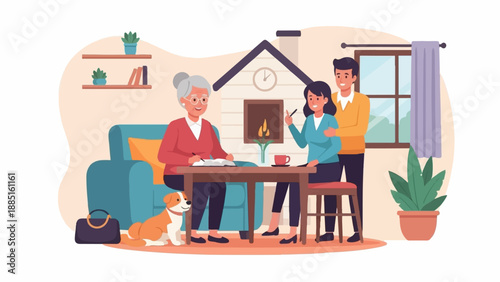 A multi-generational family gathered around a table with a dog