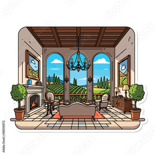 A cozy living room with a view of a vineyard