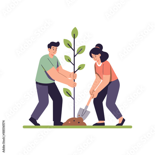 Couple planting a tree, environmental conservation, teamwork, green lifestyle