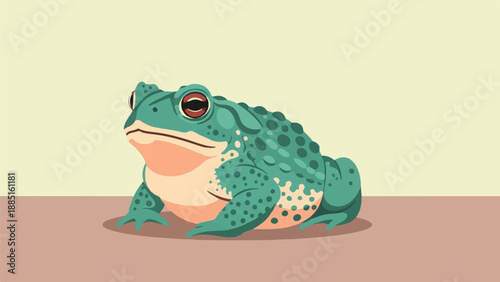 A pixelated green toad with red-rimmed eyes sits on a brown surface