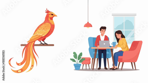 A mythical bird sits on a perch while two people work on a laptop
