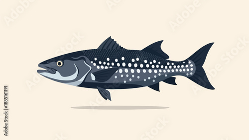 A pixelated illustration of a dark-hued fish with white spots swims
