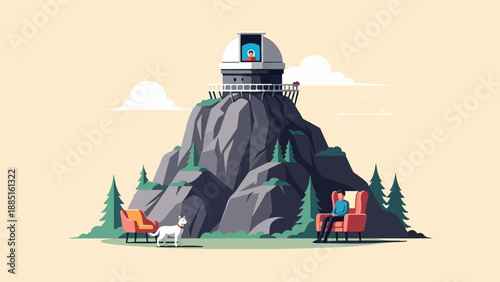 A man and his dog relax by a mountain observatory under a pale sky