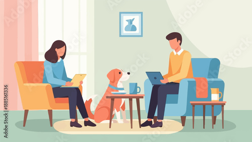 A man and woman sit in comfortable chairs with a dog, each engaged with a device