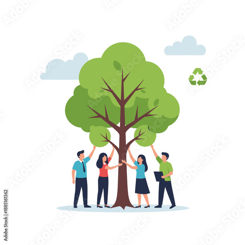 Teamwork planting a tree, environmental protection, sustainability concept, flat vector illustration