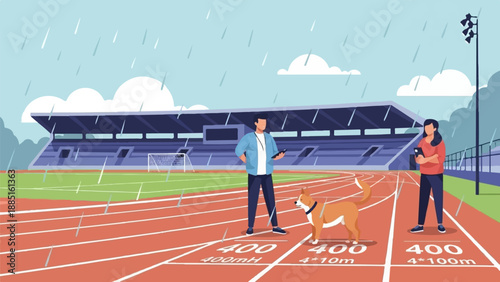 A man and dog stand on a rainy track by a stadium