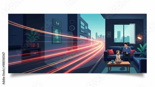 A man and dog relax indoors observing a city street with light trails at dusk