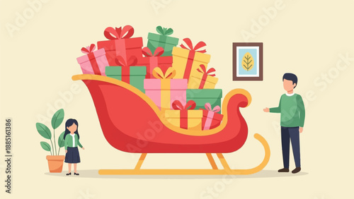 A man and a woman stand near a sleigh brimming with gifts