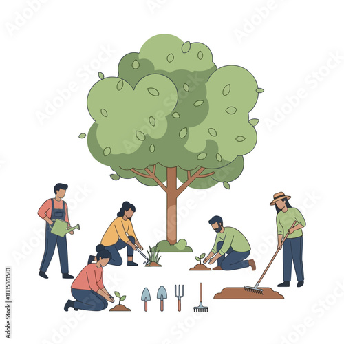 Diverse People Planting Saplings and Gardening Around a Large Tree