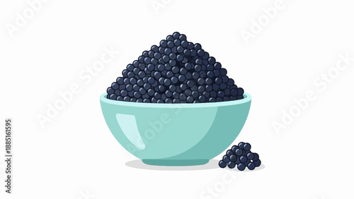 A pale blue bowl filled with dark caviar, with a small pile next to it